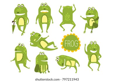 Frog Cute Character In Different Poses Childish Stickers