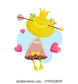 Frog. Cute funny characters for a fairy tale. Princess frog with an arrow.