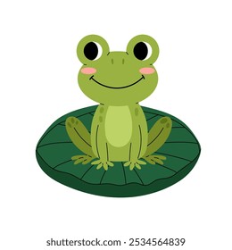 Frog. Cute green frog sits on a water lily leaf. Aquatic plants, animals. Flat illustration on a white background.