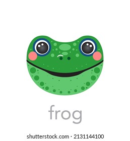 Frog Cute portrait with name text smile head cartoon round shape animal face, isolated avatar vector icon illustrations on white. Flat simple hand drawn for kids poster, cards, t-shirts, baby clothes