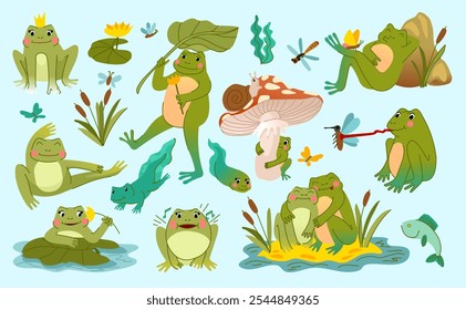 Frosch süß. Krötenfigur, lustiges Tier, Kaulquappe im Teich. Kinder froggy Prinzessin mit Schmetterling, glücklich tropischen aquatischen Reptil. Vektor Amphibien Cartoon flachen Stil isoliert Kinder Illustration