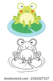 Frog cute vector illustration cartoon isolated on white background. Frog vector colored and colorless. Cute coloring page for kids. 