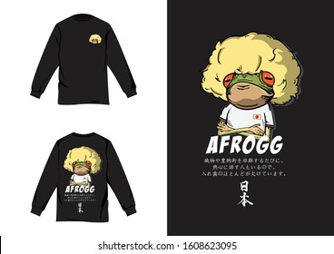 Frog Design For Longsleeve Streetwear, Japanese Translation : Afro Frog Wearing Japan Jersey