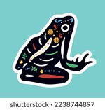 Frog dia de muertos icon. Toad and lizard, animal, swamp life and amphibian. Bright character in colorful flowers. Poster or banner. Nature, fauna and wild life. Cartoon flat vector illustration