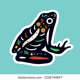 Frog dia de muertos icon. Toad and lizard, animal, swamp life and amphibian. Bright character in colorful flowers. Poster or banner. Nature, fauna and wild life. Cartoon flat vector illustration