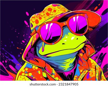 a frog donning a baseball cap and fashionable sunglasses