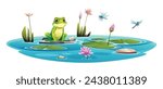 Frog and dragonflies in pond with water lily. Vector cartoon illustration isolated on white background