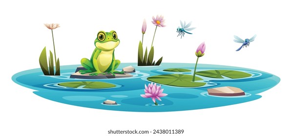 Frog and dragonflies in pond with water lily. Vector cartoon illustration isolated on white background