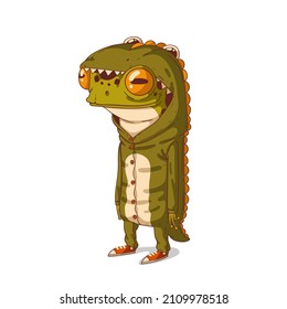 A frog dressed as a dinosaur, isolated vector illustration. Standing humanized frog in a dinosaur costume. Calm anthropomorphic frog, wearing a dinosaur pajama. Animal character with human body