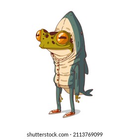 A frog dressed as a shark, isolated vector illustration. Standing humanized frog in a shark costume. Calm anthropomorphic frog, wearing a shark pajama. An animal character with a human body