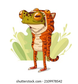 A frog dressed as a tiger, isolated vector illustration. Standing humanized frog in a tiger costume. Calm anthropomorphic frog, wearing a tiger pajama. Animal character with human body