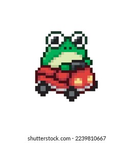 Frog driving a car, pixel art meme