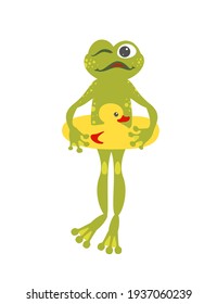 Rana con anillo de natación de pato. Ilustración vectorial plana