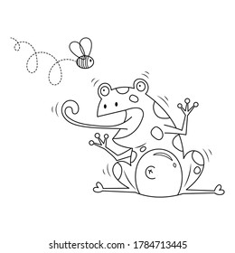 A frog eating a fly vector illustration cartoon isolated on white background. A funny frog and a bug vector cartoon colorless for coloring page. Frog tongue out. 