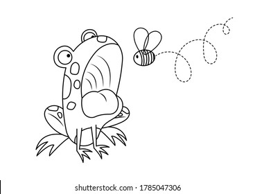 Una rana comiendo una ilustración de la mosca vectorial aislada en fondo blanco. Una rana divertida y una caricatura vectorial de insecto incolora para la página de colorear. La rana abre la boca para comer insectos. 