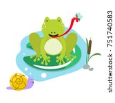 Frog eating moth on pond cartoon clipart vector set.