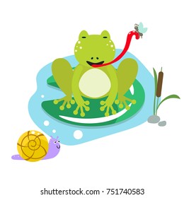 Frog eating moth on pond cartoon clipart vector set.