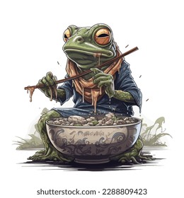frog eating noodles cartoon vector