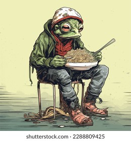frog eating noodles cartoon vector