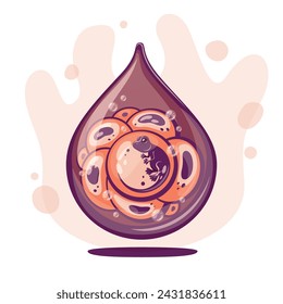 Frog eggs in a drop of water. . Vector illustration on the theme of ecology, environmental protection. Handdawn.