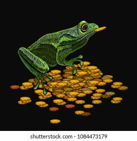 Frog embroidery and golden coins. Queen frog classical embroidery template for clothes, textiles, t-shirt design