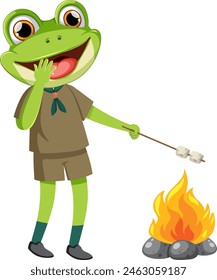 Frog enjoying marshmallows at a campfire