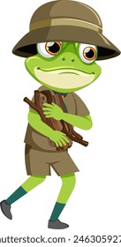 Frog in explorer outfit holding wood