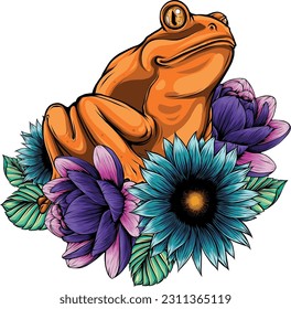 Frog with Eyes Sitting on Leaf of Waterlily Flower Vector Illustration