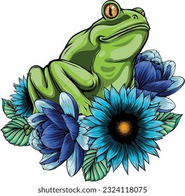 Frog with Eyes Sitting on Leaf of Waterlily Flower Vector Illustration