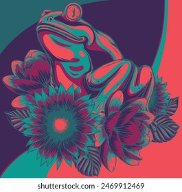 Frog with Eyes Sitting on Leaf of Waterlily Flower Vector Illustration