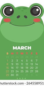 Frog face on a calendar for March. The calendar is for the year 2026. Vector illustration in a flat style