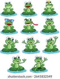 “Funny Frog Collection” features a delightful set of cartoon frog characters with playful expressions and humorous poses. Each vector illustration showcases a unique personality — from cheeky grins an
