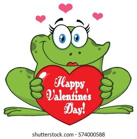 Frog Female Cartoon Mascot Character Holding A Valentine Love Heart With Text Happy Valentines Day. Vector Illustration Isolated On White Background