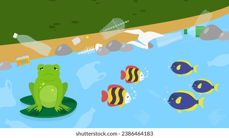 Frog and fish on a littered bank, vector illustration