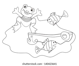 frog, fishes and boat, coloring book for children,vector illustration