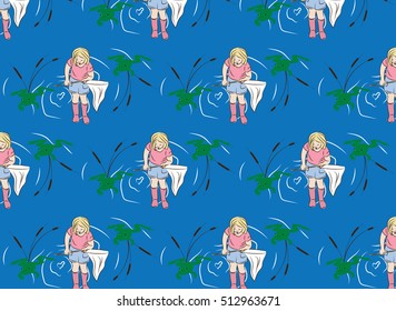 Frog fishing pattern : young child holding a fishing net looking to catch frogs at the lake or pond with cattails made into a vector pattern. May be useful as scrapbook paper