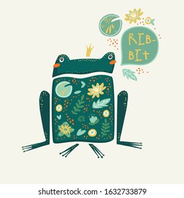 Frog - flat hand drawn vector illustration. Cute cartoon character with floral background. Frog with speech bubble, saying 'Ribbit'. Scandinavian style poster, card or t-shirt design.