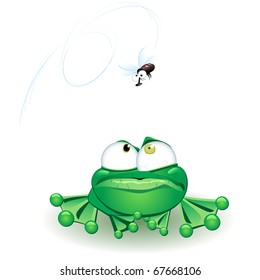 Frog with flie. Vector illustration on white background