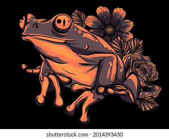 frog with flower on black background vector illustration