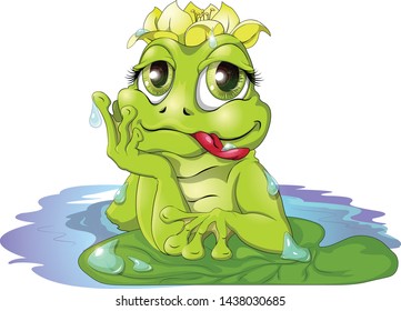 Frog with a flower sitting in the water is wet and contented