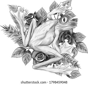 frog and flowers black and white sketch cartoon funny vector illustration print