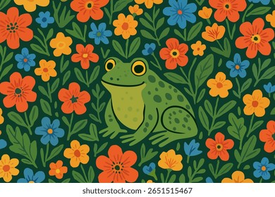 Frog in flowers. Bright vector floral pattern.