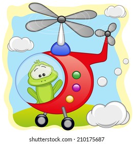 Frog is flying in a helicopter 