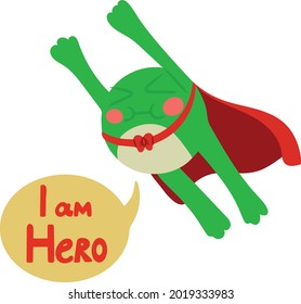 Frog flying in superhero cloak and next to it inscription in speech balloon. Vector illustration. Design element isolated on white background.