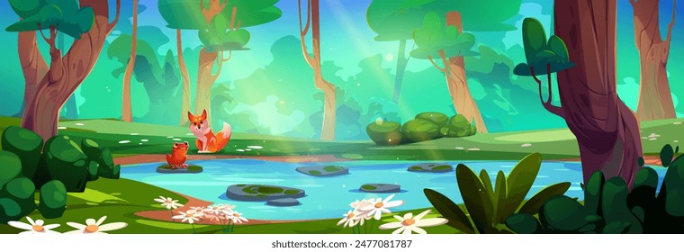 Frog and fox near summer forest lake. Vector cartoon illustration of beautiful natural scenery with river, stones in water, green grass and bushes, bright sunlight penetrating foliage of old trees