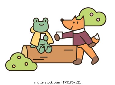 A frog and a fox are trekking through the woods. A frog and a fox are resting on a log. flat design style minimal vector illustration.