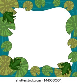 Frog frame with lily pads. Empty place for text. Vector border.