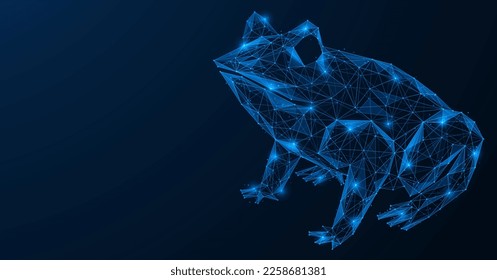 Rana. Futurista diseño de baja polilla de líneas y puntos interconectados. Fondo azul.