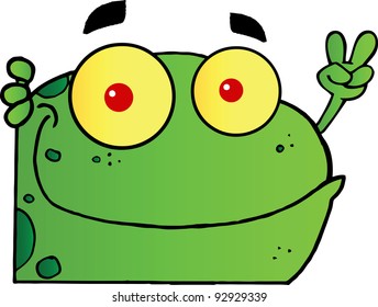 Frog Gesturing The Peace Sign With His Hand.Vector Illustration