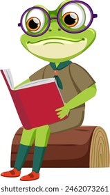 Frog with glasses reading a book